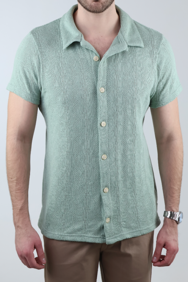 Camisa Hombre Manga Corta Tejido De Punto Verde Manzana Casual Y Fresca